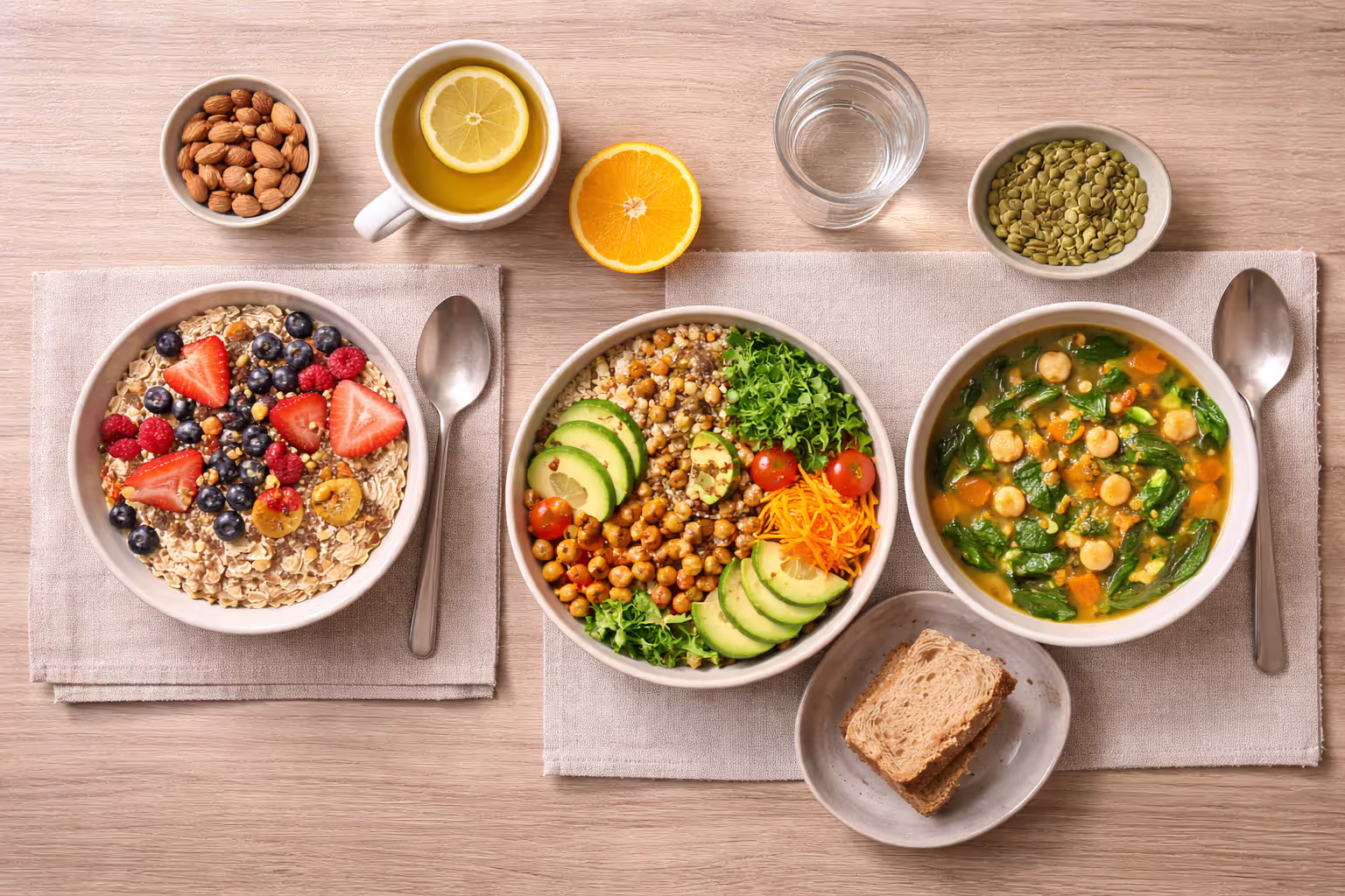 Example of balanced yoga diet meals for breakfast, lunch, and dinner