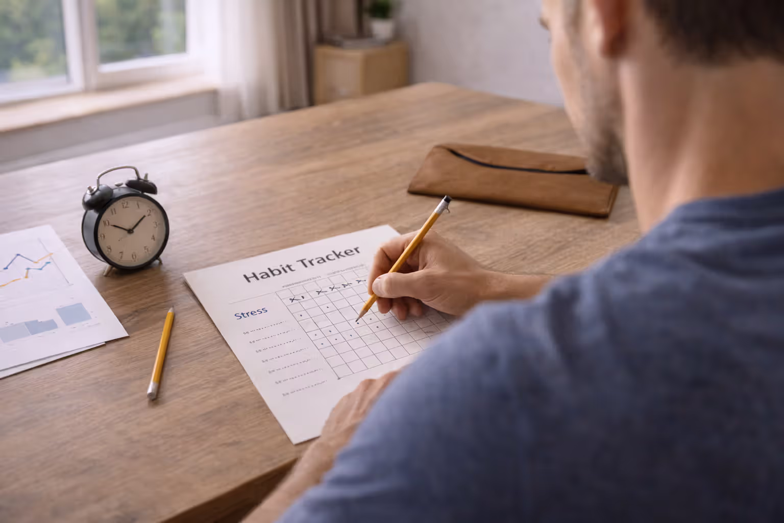 Person tracking stress and sleep on paper with a phone put away in an envelope during a digital detox