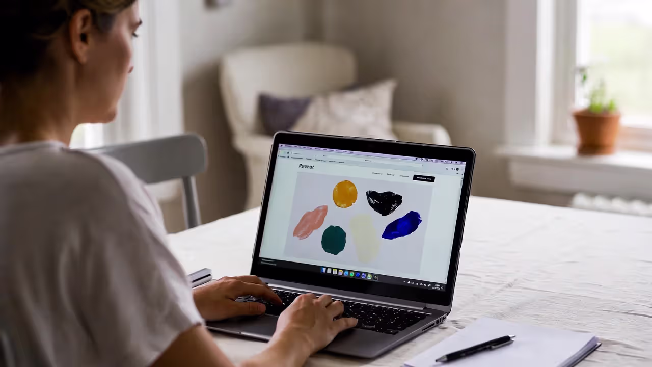 Woman researching and planning a yoga retreat on her laptop at home