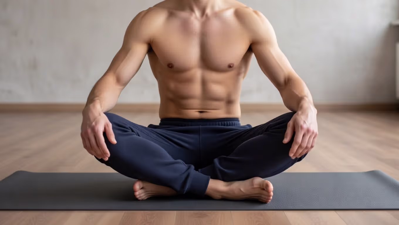 Man in tapered jogger-style yoga pants sitting cross-legged on a yoga mat.