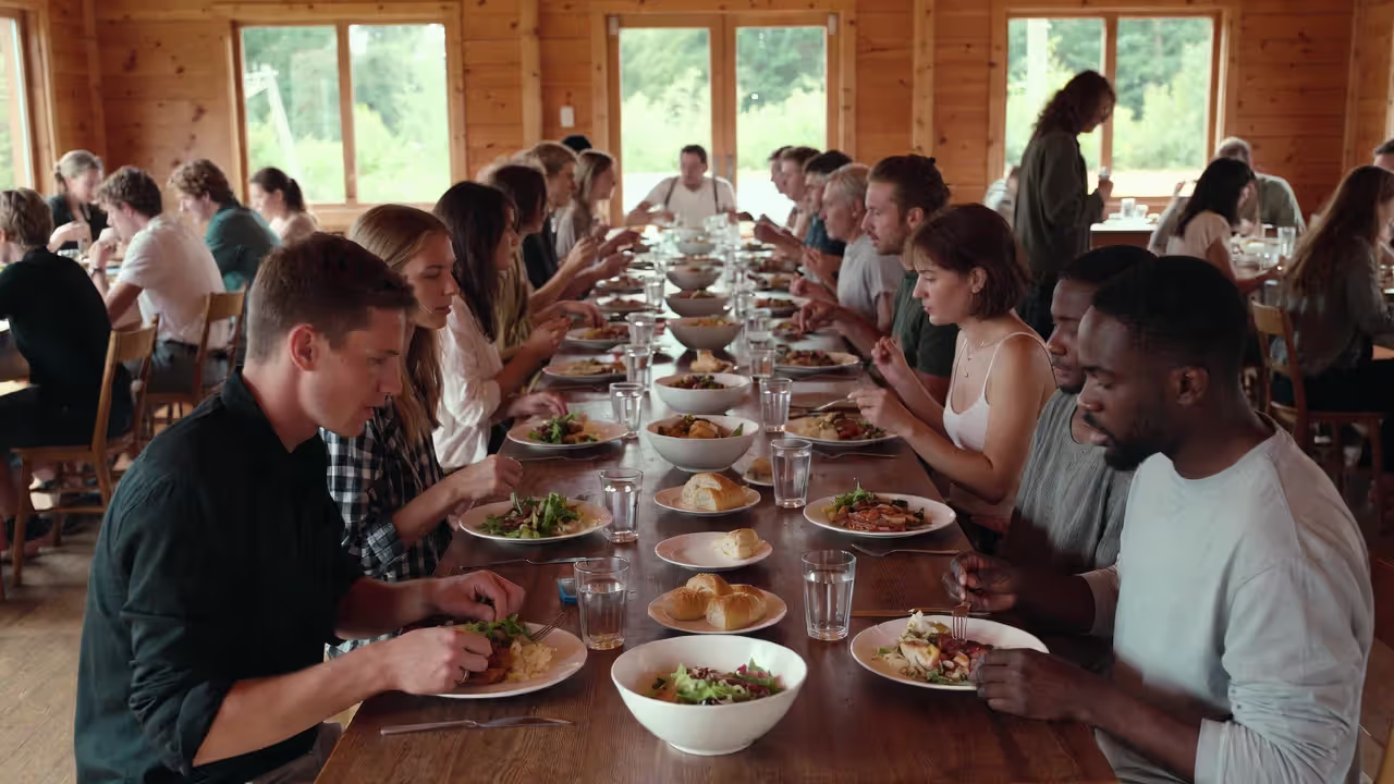 Yoga teacher trainees sharing a communal meal at a retreat center.