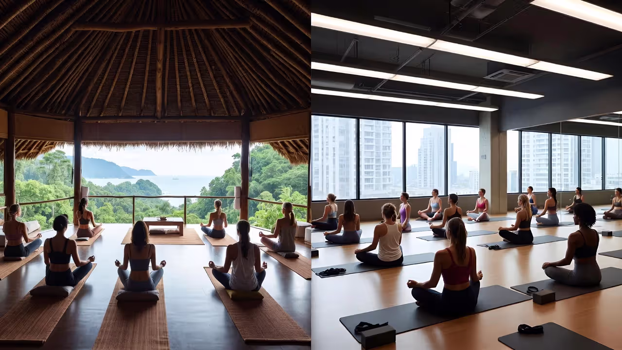 Comparison between destination yoga retreat training and local studio teacher training.