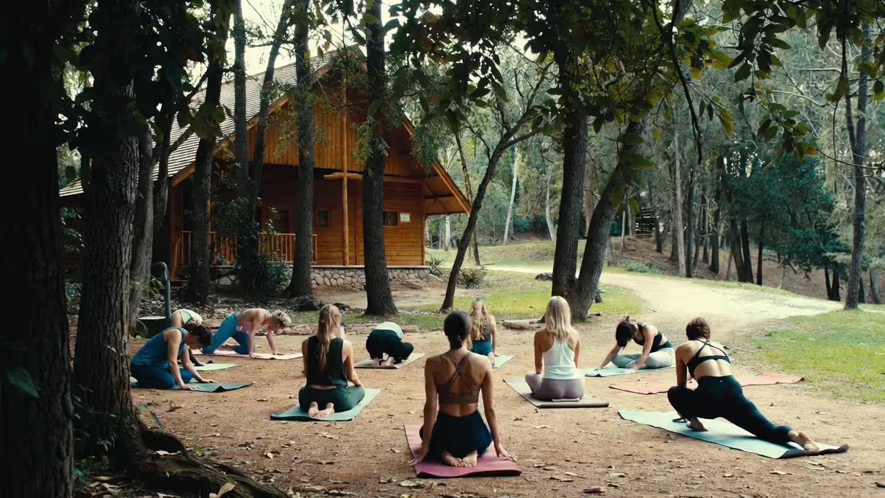 small group practicing yoga in a local wooded lodge