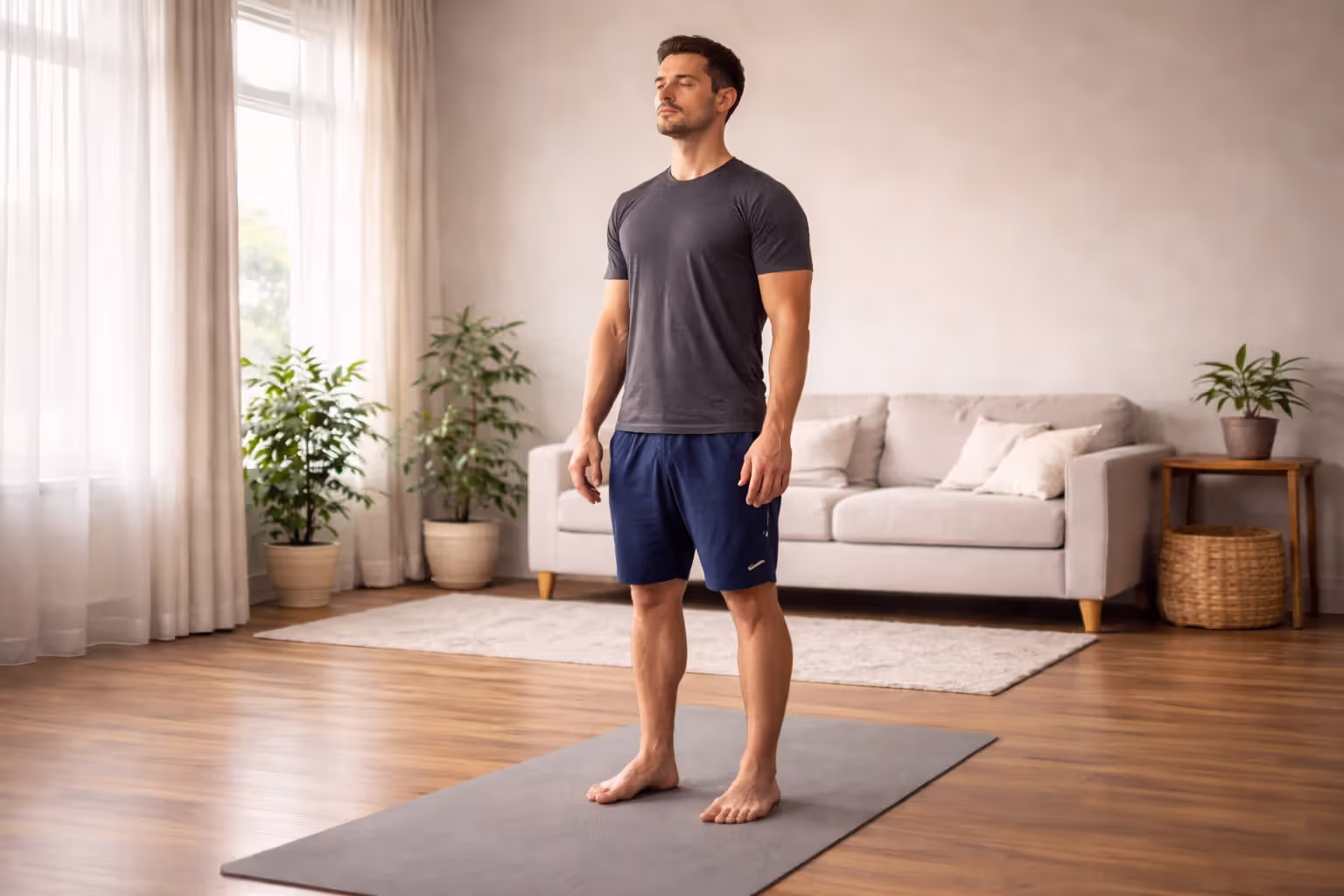 Adult standing in Mountain Pose with grounded stance in bright room