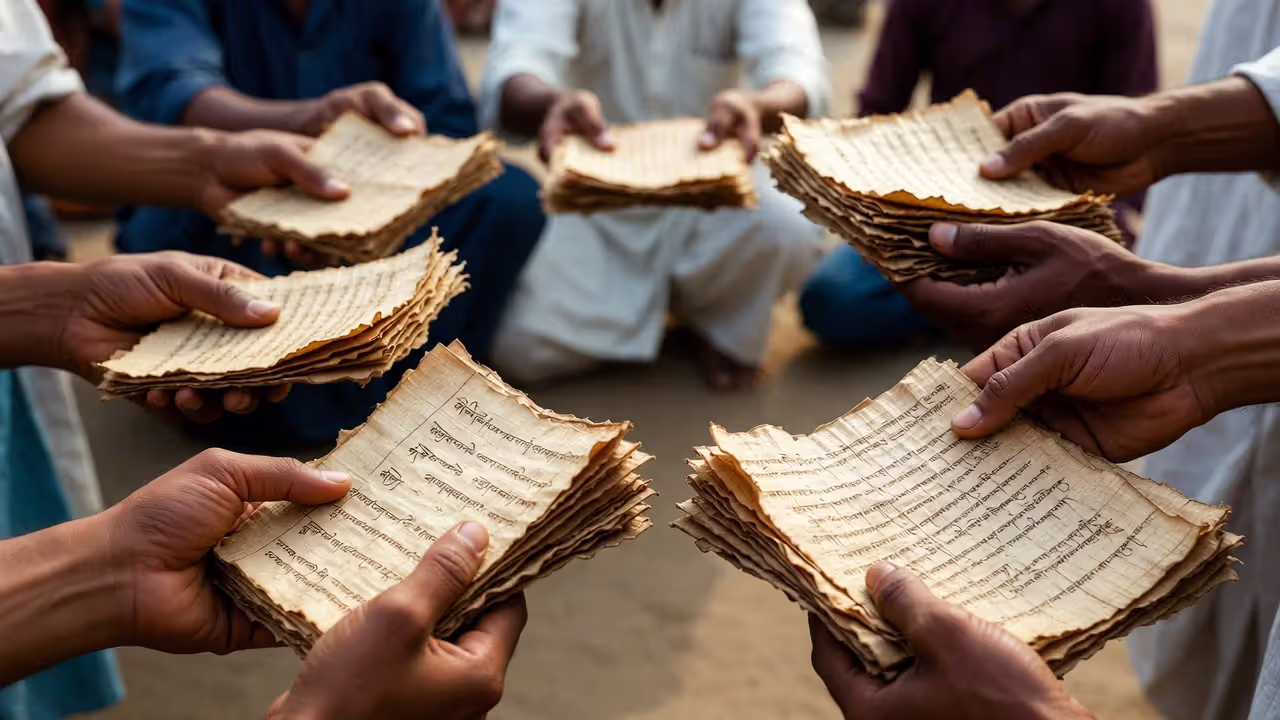 Group sharing and studying palm-leaf manuscript pages to represent traditional transmission.