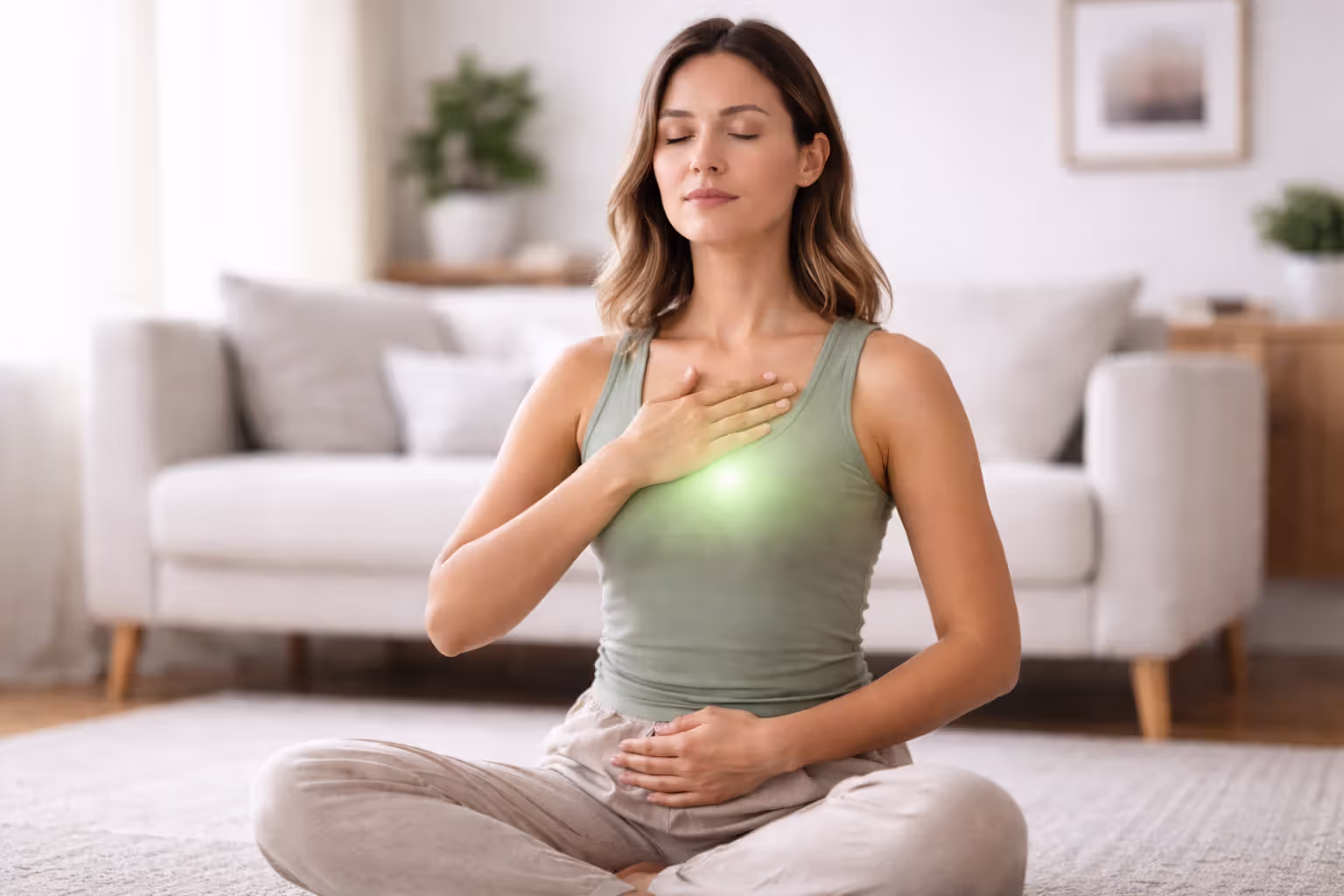 Person meditating with soft green glow at the center of the chest