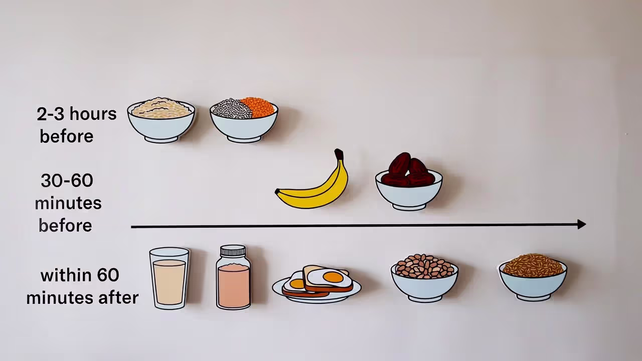 Meal timing timeline showing pre-practice meals, quick snacks, and post-practice recovery options.
