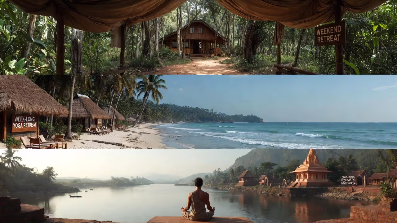 Weekend lodge retreat, tropical week-long yoga holiday, and extended meditation retreat in India.