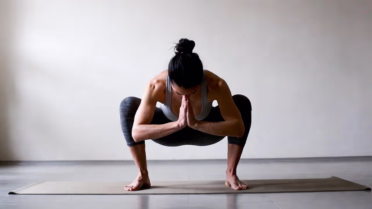 Person practicing Malasana deep squat on a yoga mat
