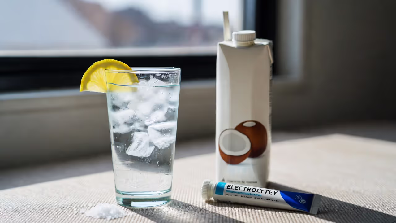 Hydration options including salted water and coconut water after yoga.